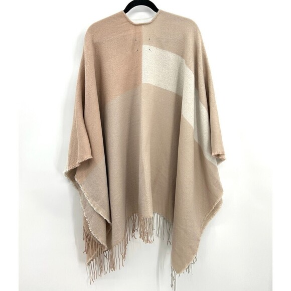 SOIA & KYO Nude Neutral Colorblock Super Soft Poncho Fringe Cardigan One Size - Picture 4 of 8